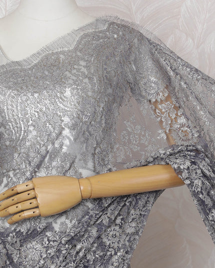 Pewter Gray, Blue French Metallic Chantilly Lace Saree - 110 cm Width, 5.5 Meters-D20156