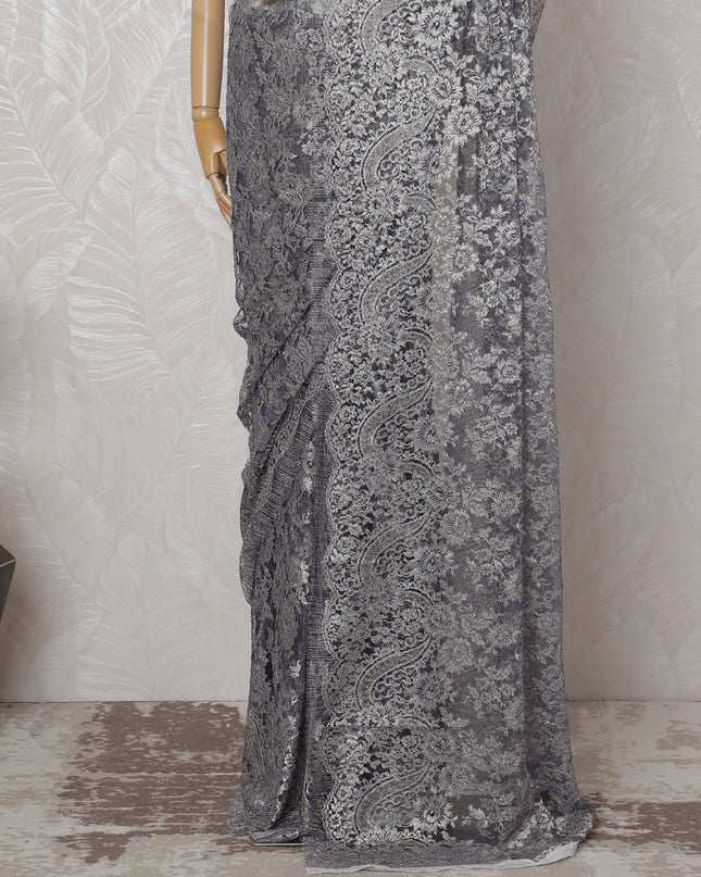 Pewter Gray, Blue French Metallic Chantilly Lace Saree - 110 cm Width, 5.5 Meters-D20156