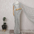 Silver French Metallic Chantilly Lace Saree - 110 cm Width, 5.5 Meters-D20159 Regal Fabrics