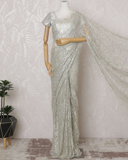 Platinum Silver French Metallic Chantilly Lace Saree - 110 cm Width, 5.5 Meters-D20160