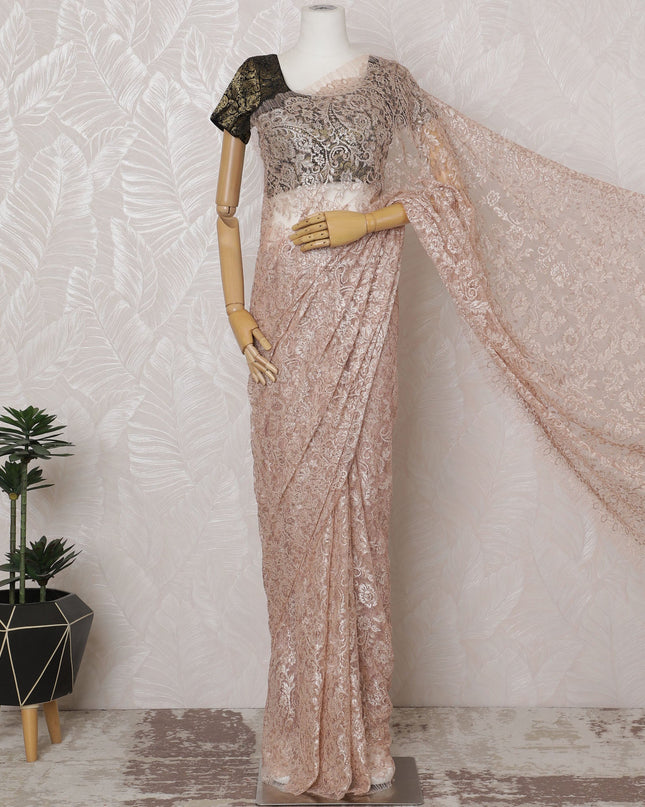 Antique Rose French Metallic Chantilly Lace Saree - 110 cm Width, 5.5 Meters-D20161