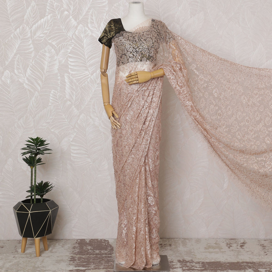 Antique Rose French Metallic Chantilly Lace Saree - 110 cm Width, 5.5 Meters-D20161