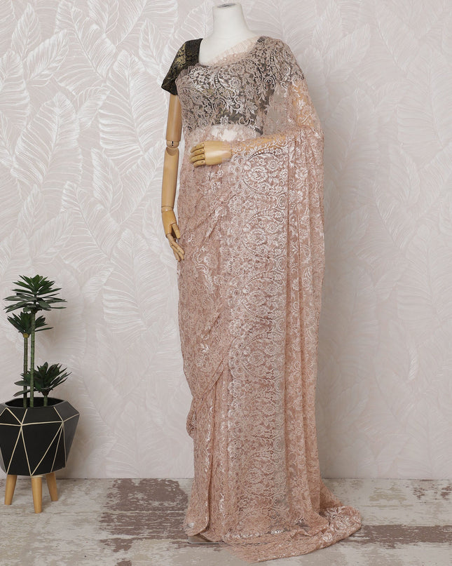 Antique Rose French Metallic Chantilly Lace Saree - 110 cm Width, 5.5 Meters-D20161