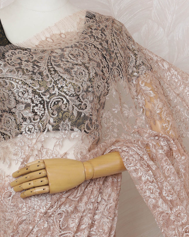 Antique Rose French Metallic Chantilly Lace Saree - 110 cm Width, 5.5 Meters-D20161