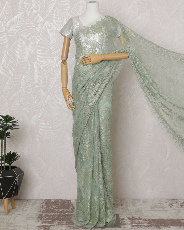 Mint Green French Metallic Chantilly Lace Saree - 110 cm Width, 5.5 Meters-D20163 - Regal Fabrics