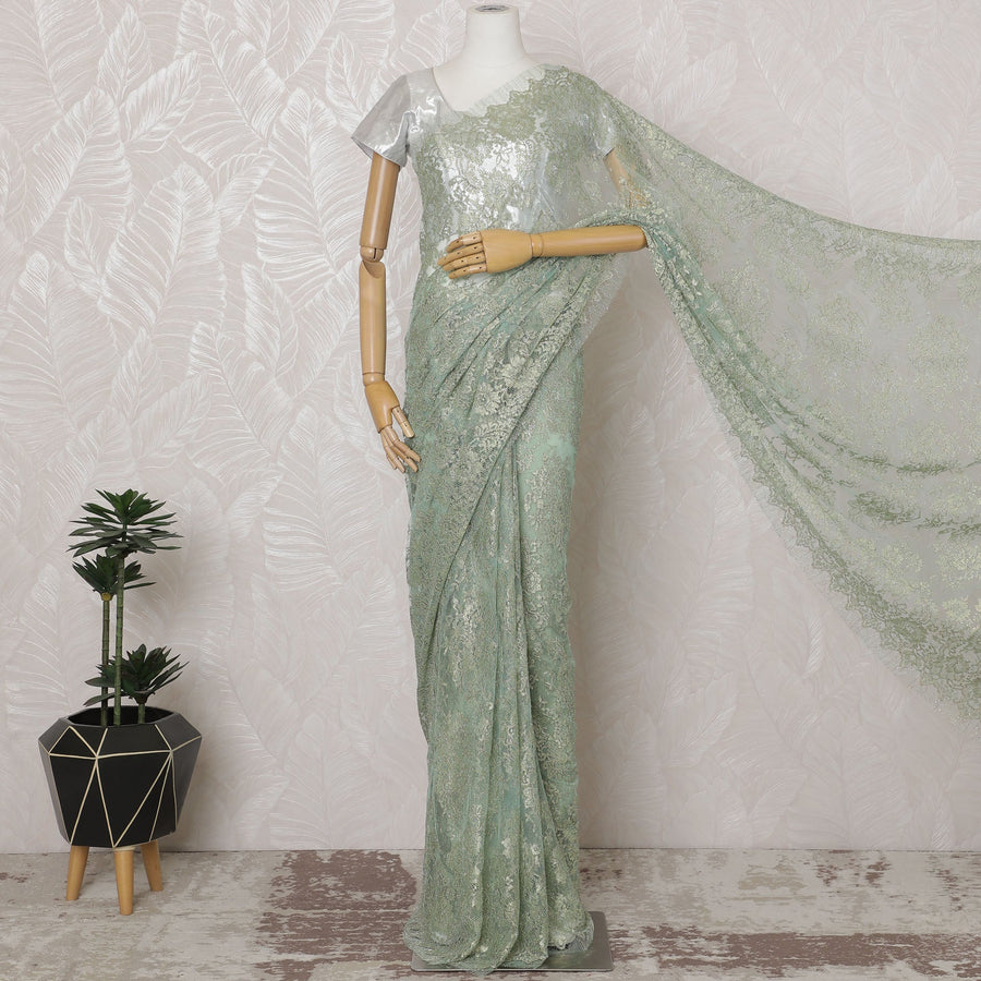 Mint Green French Metallic Chantilly Lace Saree - 110 cm Width, 5.5 Meters-D20163