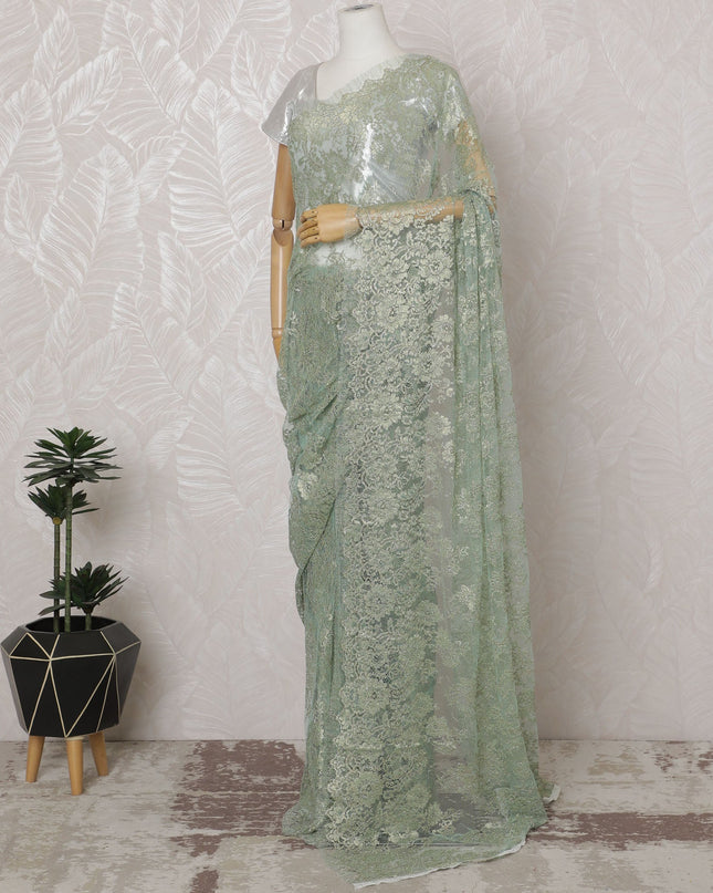 Mint Green French Metallic Chantilly Lace Saree - 110 cm Width, 5.5 Meters-D20163 - Regal Fabrics