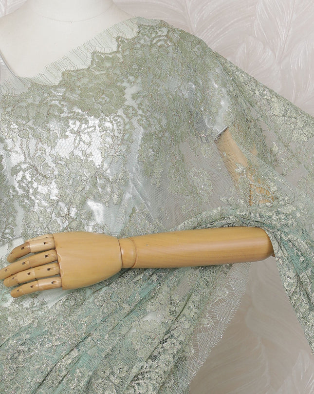 Mint Green French Metallic Chantilly Lace Saree - 110 cm Width, 5.5 Meters-D20163 - Regal Fabrics