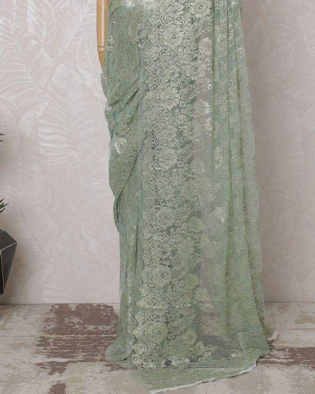 Mint Green French Metallic Chantilly Lace Saree - 110 cm Width, 5.5 Meters-D20163 - Regal Fabrics