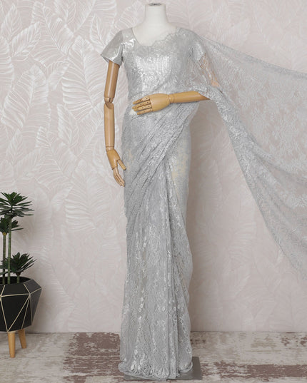 Icy Silver French Metallic Chantilly Lace Saree - 110 cm Width, 5.5 Meters-D20164