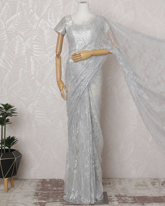 Icy Silver French Metallic Chantilly Lace Saree - 110 cm Width, 5.5 Meters-D20164