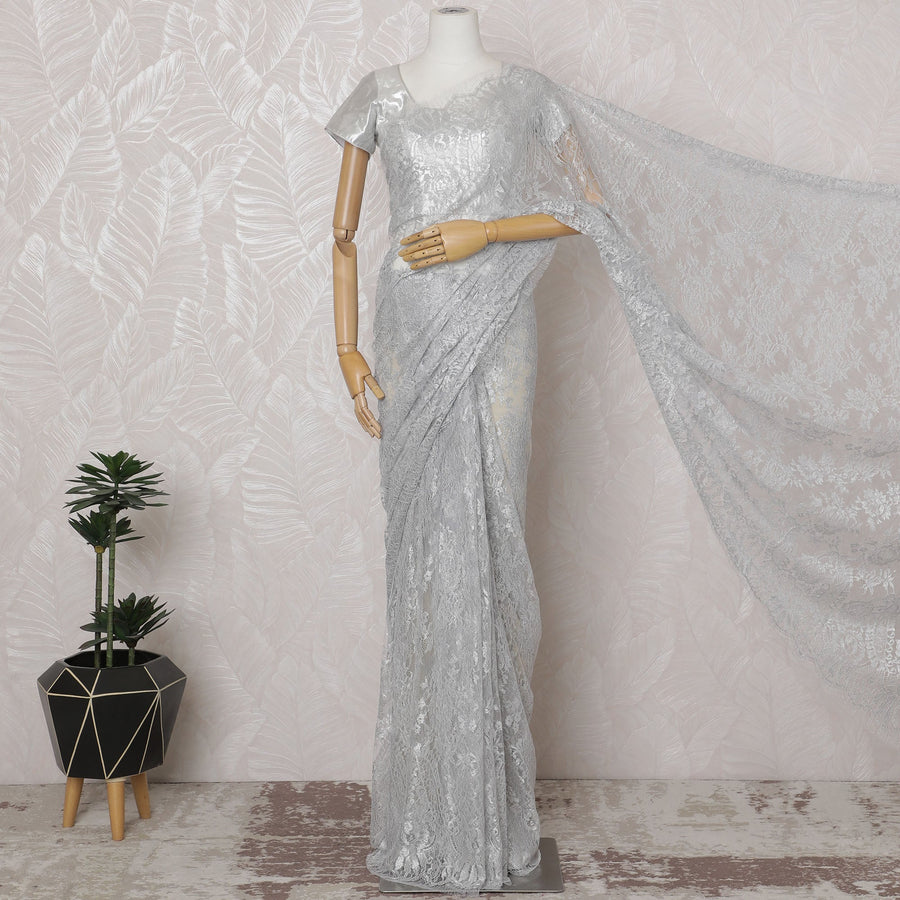 Icy Silver French Metallic Chantilly Lace Saree - 110 cm Width, 5.5 Meters-D20164
