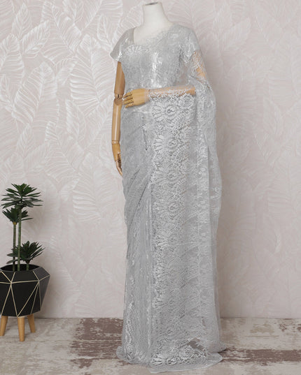 Icy Silver French Metallic Chantilly Lace Saree - 110 cm Width, 5.5 Meters-D20164