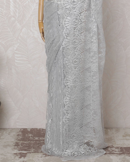 Icy Silver French Metallic Chantilly Lace Saree - 110 cm Width, 5.5 Meters-D20164