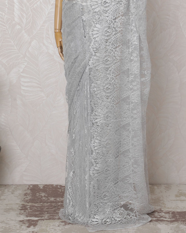 Icy Silver French Metallic Chantilly Lace Saree - 110 cm Width, 5.5 Meters-D20164