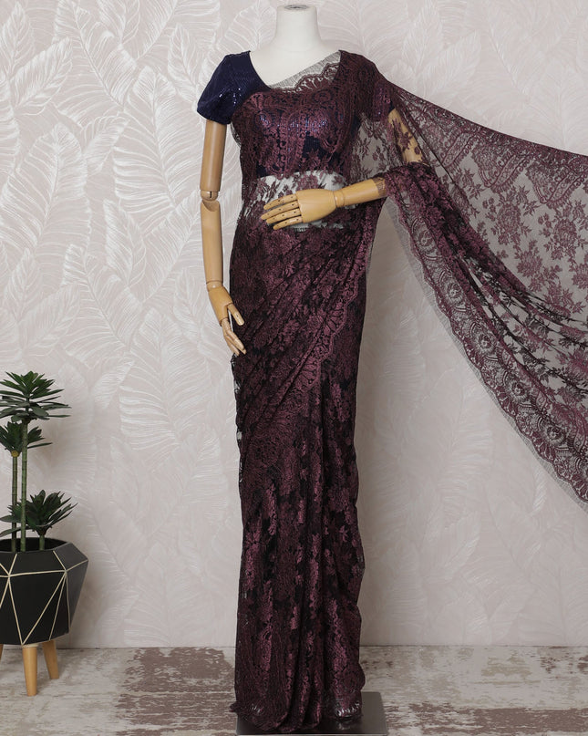 ساري فرنسي من الدانتيل باللون العنابي المعدني - عرض 110 سم، 5.5 متر - D20165