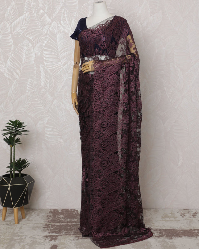 ساري فرنسي من الدانتيل باللون العنابي المعدني - عرض 110 سم، 5.5 متر - D20165