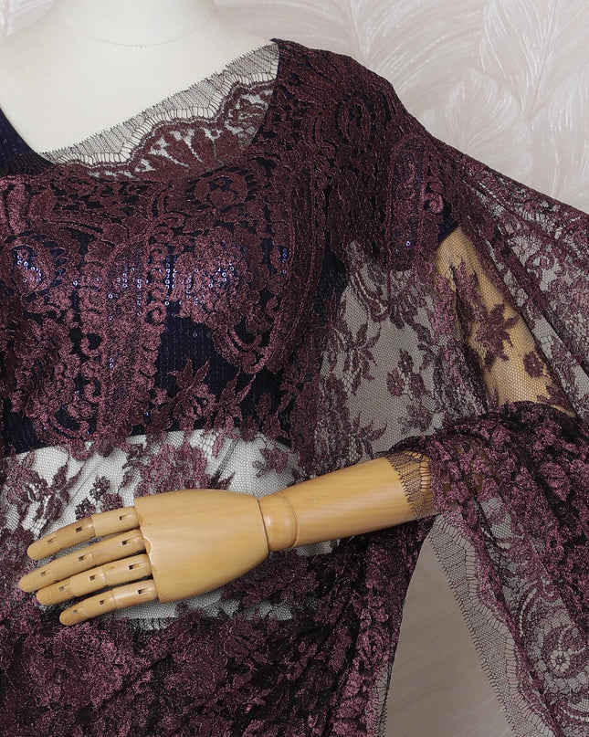 ساري فرنسي من الدانتيل باللون العنابي المعدني - عرض 110 سم، 5.5 متر - D20165