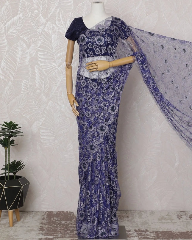 Royal Blue and Silver French Two-tone Chantilly Lace Saree - 110 cm Width, 5.5 Meters-D20167 Regal Fabrics