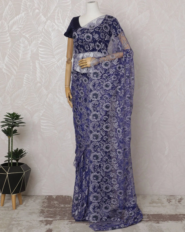 Royal Blue and Silver French Two-tone Chantilly Lace Saree - 110 cm Width, 5.5 Meters-D20167 Regal Fabrics