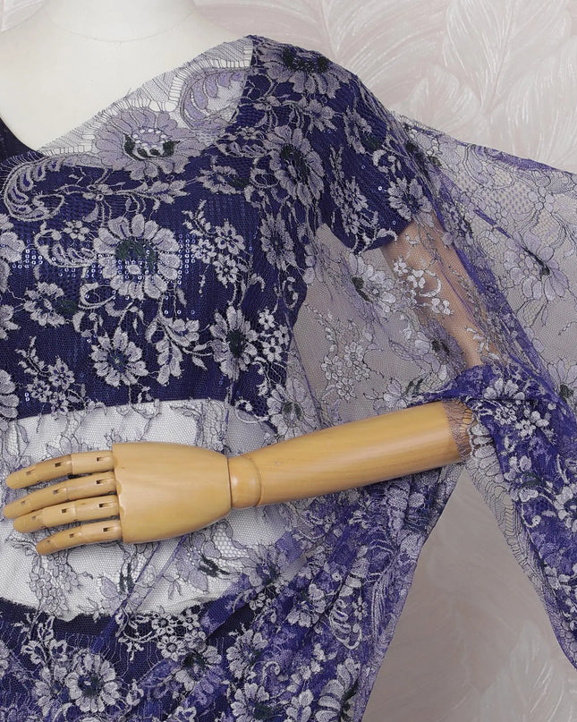 Royal Blue and Silver French Two-tone Chantilly Lace Saree - 110 cm Width, 5.5 Meters-D20167 Regal Fabrics