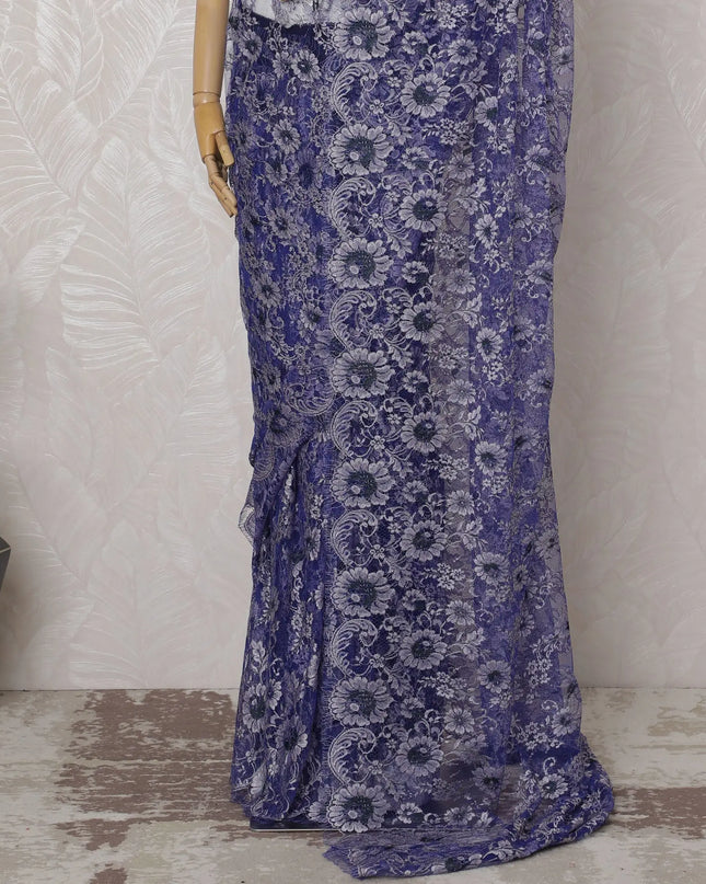 Royal Blue and Silver French Two-tone Chantilly Lace Saree - 110 cm Width, 5.5 Meters-D20167 Regal Fabrics