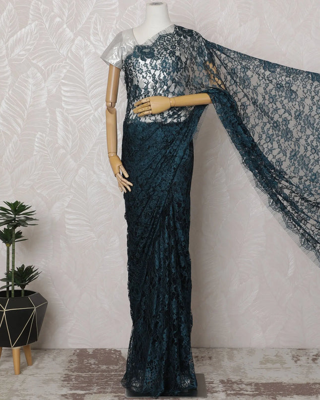 Teal and Black French Two-tone Chantilly Lace Saree - 110 cm Width, 5.5 Meters-D20169 Regal Fabrics