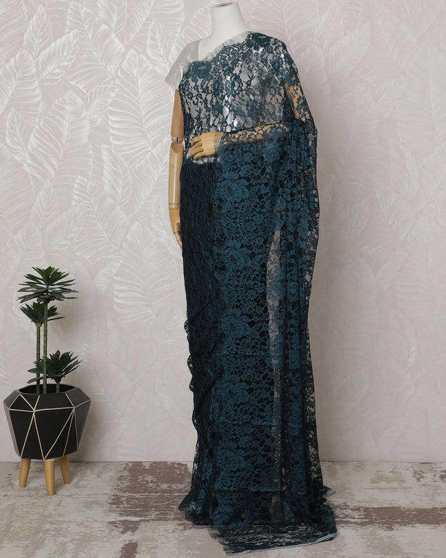 Teal and Black French Two-tone Chantilly Lace Saree - 110 cm Width, 5.5 Meters-D20169 Regal Fabrics