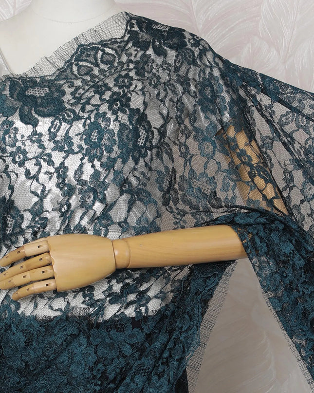 Teal and Black French Two-tone Chantilly Lace Saree - 110 cm Width, 5.5 Meters-D20169 Regal Fabrics