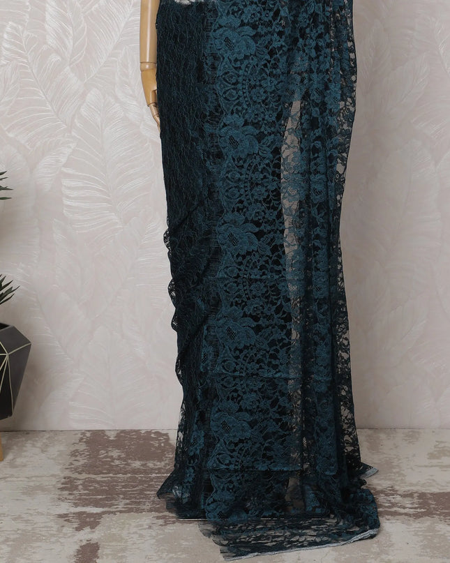 Teal and Black French Two-tone Chantilly Lace Saree - 110 cm Width, 5.5 Meters-D20169 Regal Fabrics