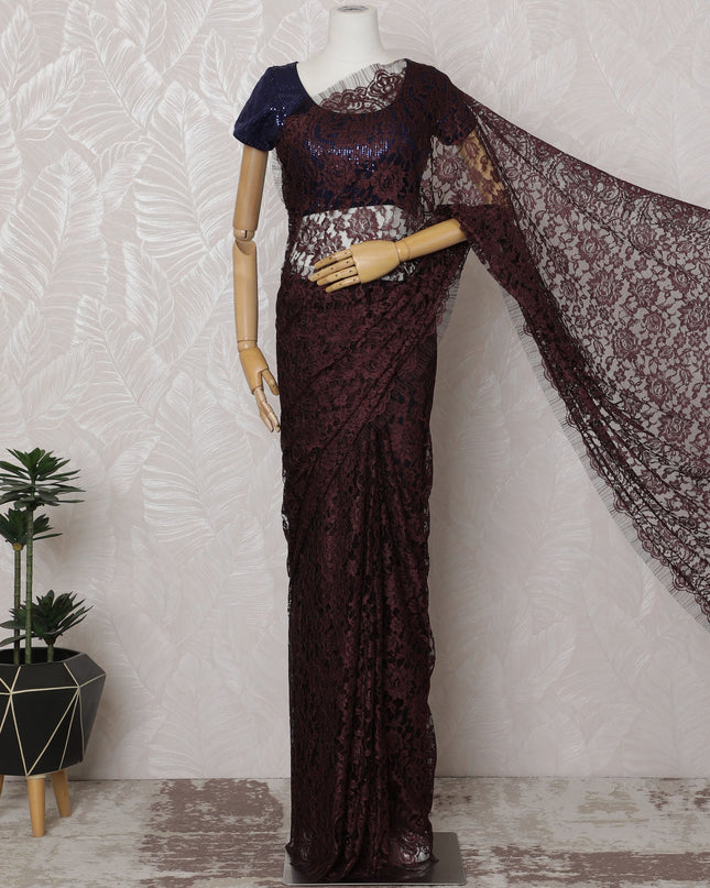 Maroon and Black French Two-tone Chantilly Lace Saree - 110 cm Width, 5.5 Meters-D20170 - Regal Fabrics