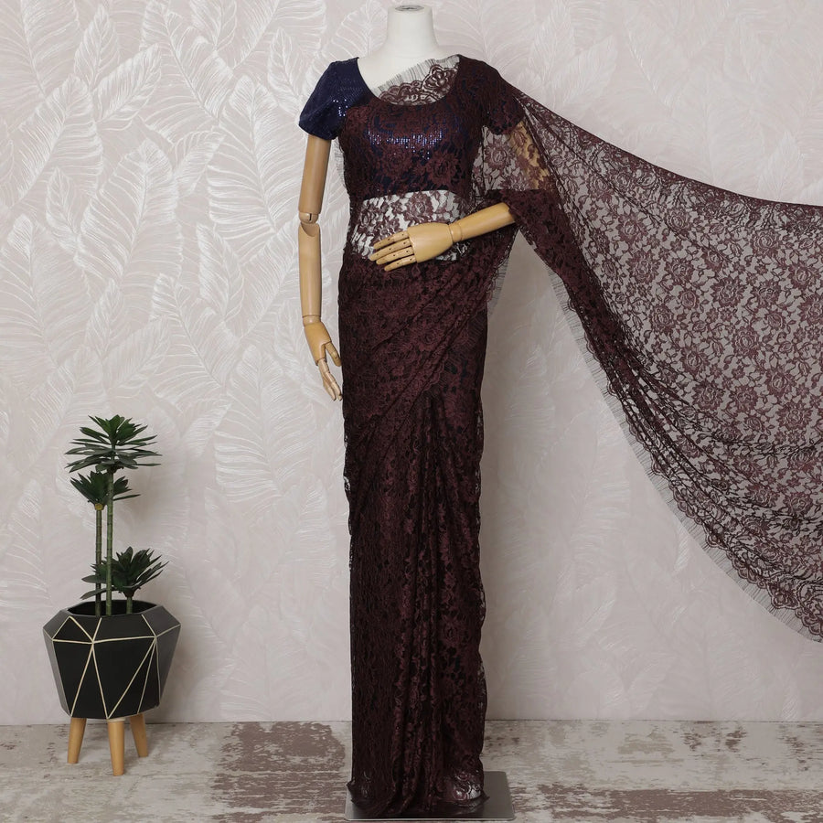 Maroon and Black French Two-tone Chantilly Lace Saree - 110 cm Width, 5.5 Meters-D20170 Regal Fabrics