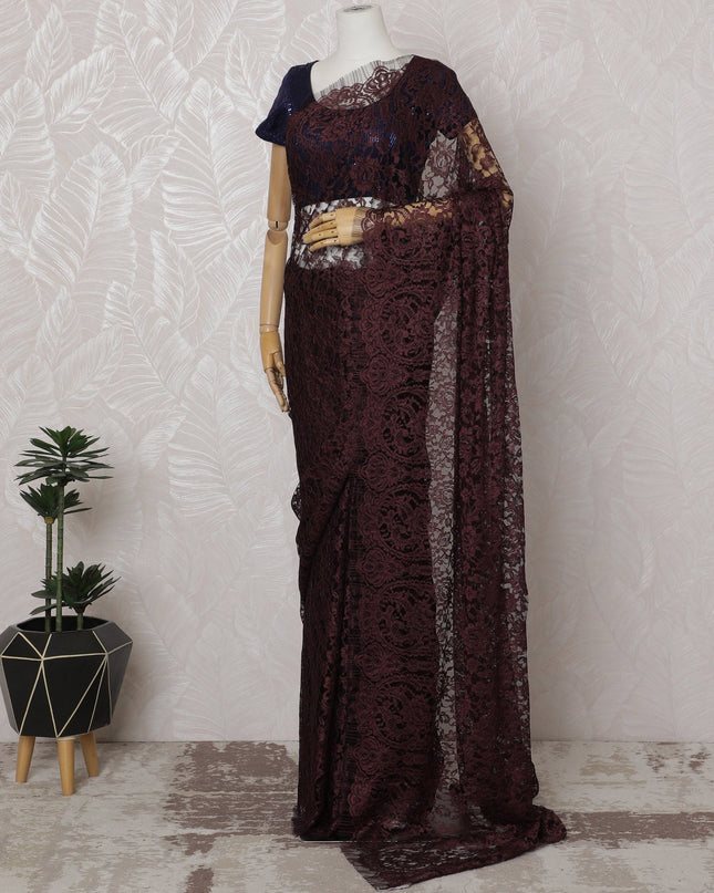 Maroon and Black French Two-tone Chantilly Lace Saree - 110 cm Width, 5.5 Meters-D20170 - Regal Fabrics