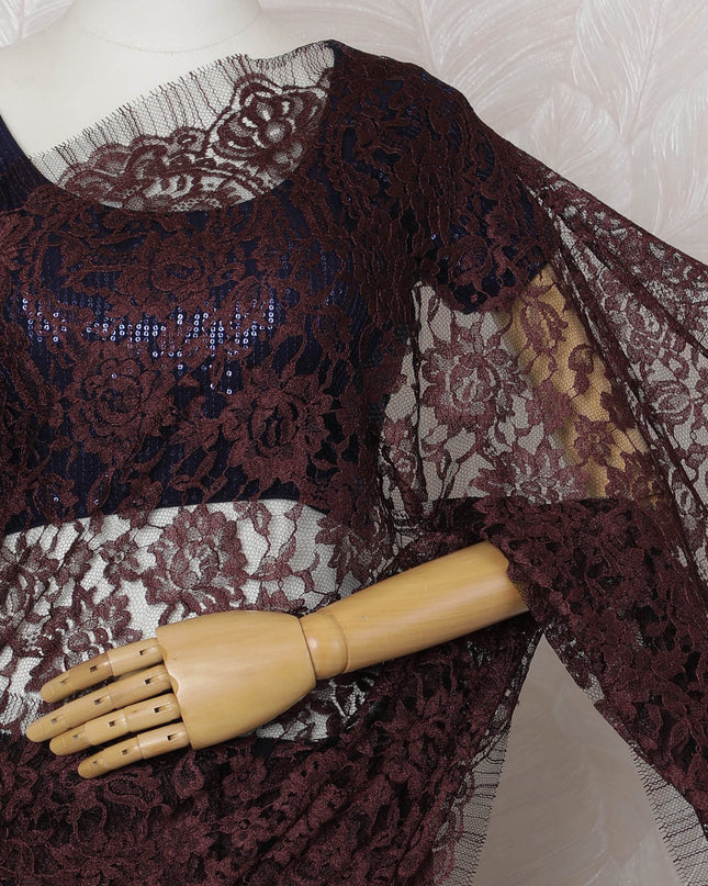 Maroon and Black French Two-tone Chantilly Lace Saree - 110 cm Width, 5.5 Meters-D20170 - Regal Fabrics
