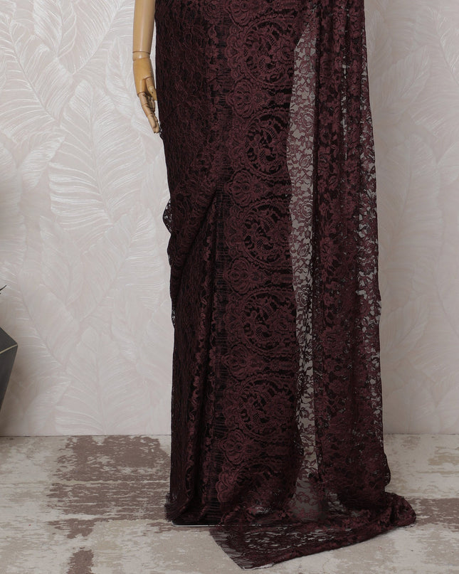 Maroon and Black French Two-tone Chantilly Lace Saree - 110 cm Width, 5.5 Meters-D20170 - Regal Fabrics
