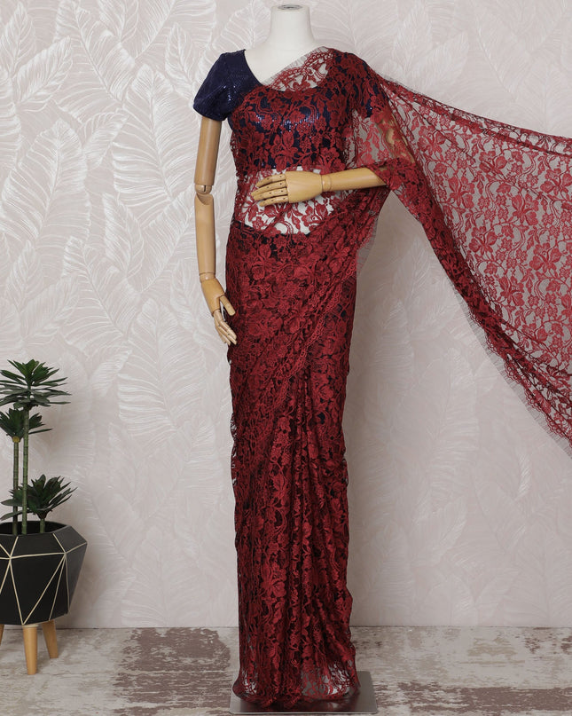 Crimson and Black French Two-tone Chantilly Lace Saree - 110 cm Width, 5.5 Meters-D20171 - Regal Fabrics