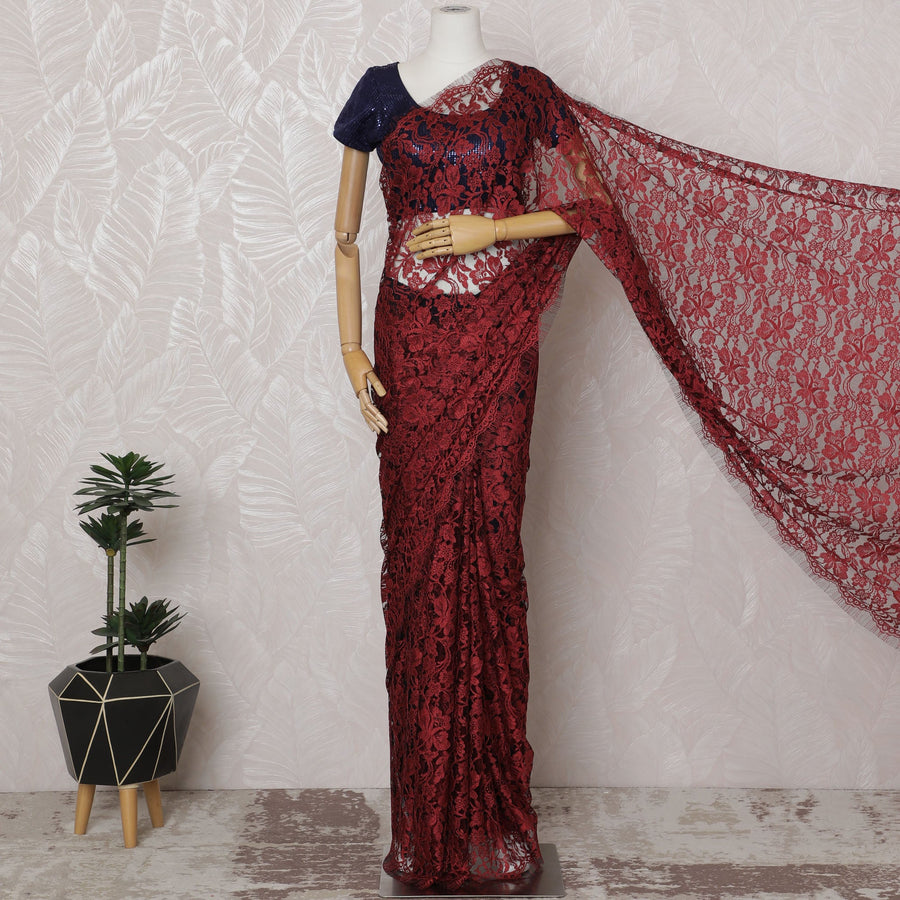 Crimson and Black French Two-tone Chantilly Lace Saree - 110 cm Width, 5.5 Meters-D20171 - Regal Fabrics