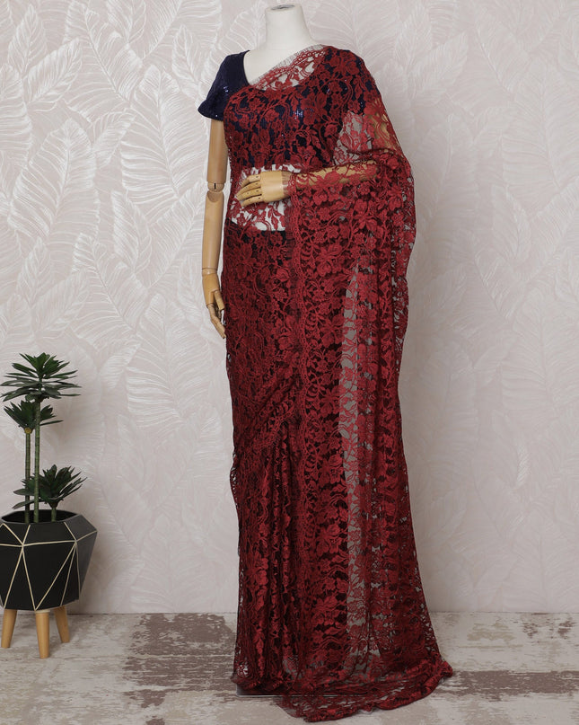 Crimson and Black French Two-tone Chantilly Lace Saree - 110 cm Width, 5.5 Meters-D20171 - Regal Fabrics