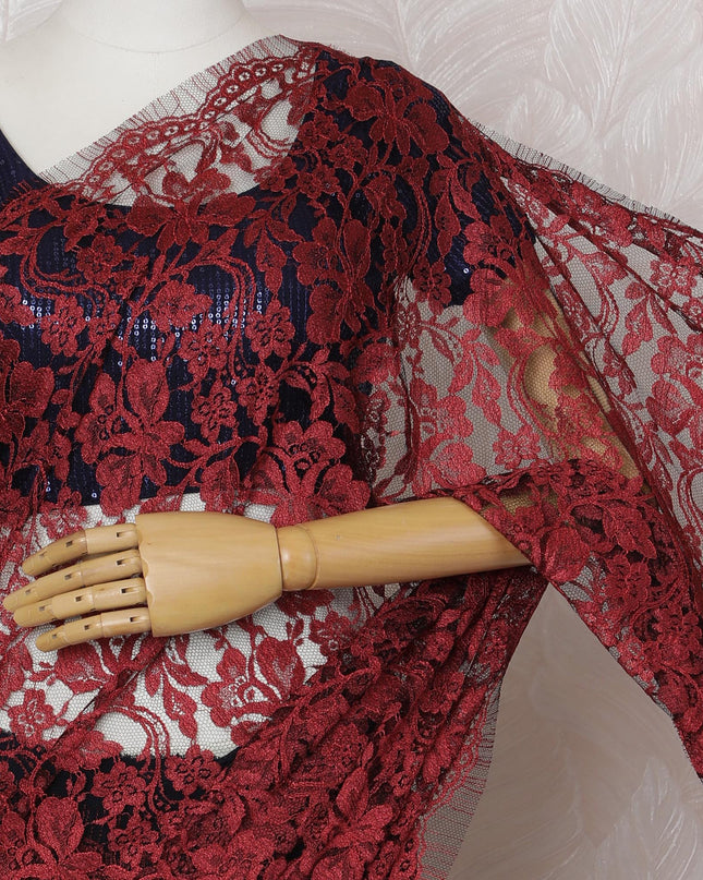 Crimson and Black French Two-tone Chantilly Lace Saree - 110 cm Width, 5.5 Meters-D20171 - Regal Fabrics
