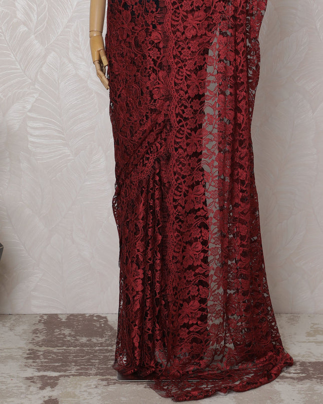 Crimson and Black French Two-tone Chantilly Lace Saree - 110 cm Width, 5.5 Meters-D20171 - Regal Fabrics