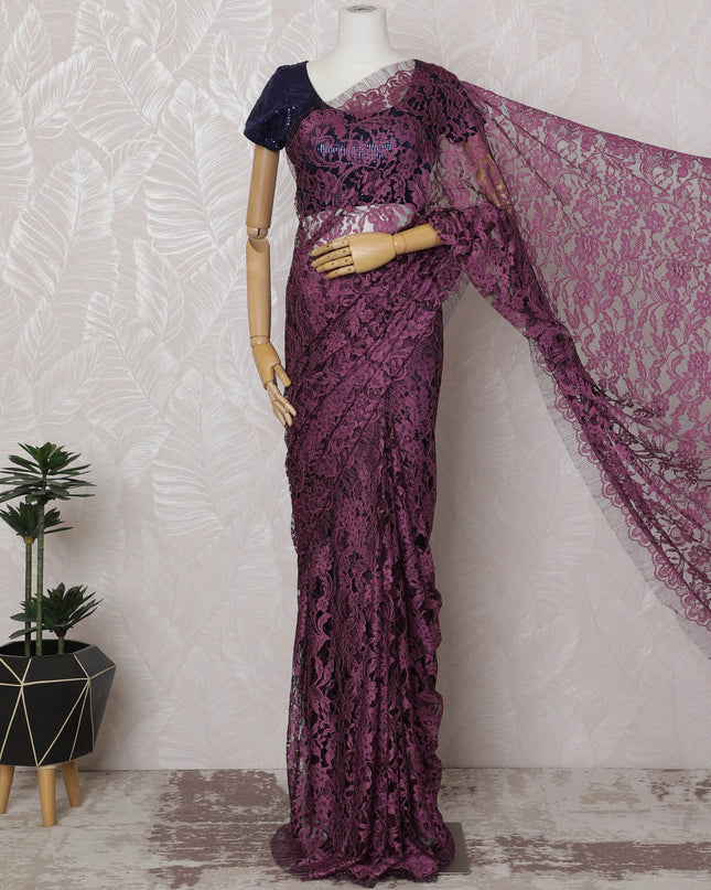 Magenta and Mauve French Two-tone Chantilly Lace Saree - 110 cm Width, 5.5 Meters-D20172 - Regal Fabrics