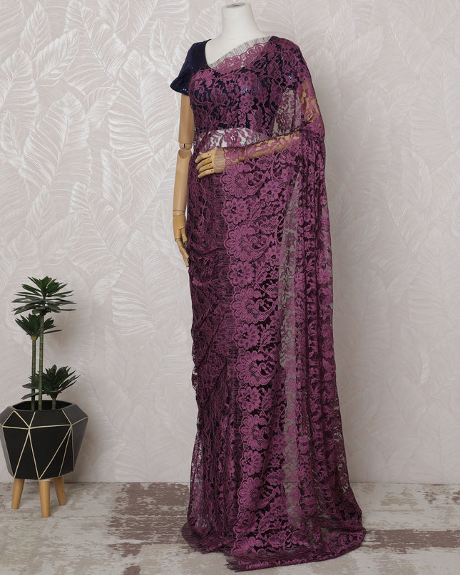 Magenta and Mauve French Two-tone Chantilly Lace Saree - 110 cm Width, 5.5 Meters-D20172 - Regal Fabrics