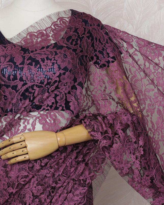 Magenta and Mauve French Two-tone Chantilly Lace Saree - 110 cm Width, 5.5 Meters-D20172 - Regal Fabrics