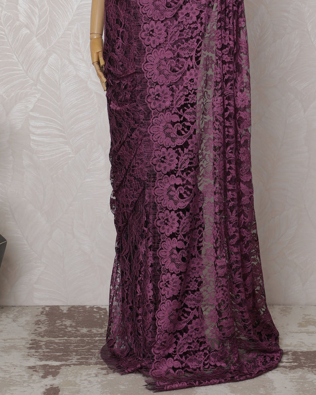 Magenta and Mauve French Two-tone Chantilly Lace Saree - 110 cm Width, 5.5 Meters-D20172 - Regal Fabrics