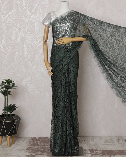 Forest Green and Black French Two-tone Chantilly Lace Saree - 110 cm Width, 5.5 Meters-D20173