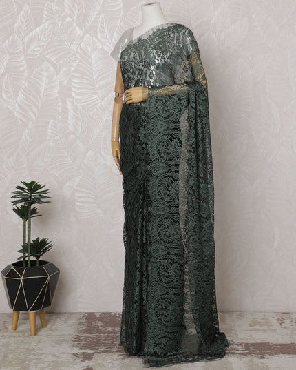 Forest Green and Black French Two-tone Chantilly Lace Saree - 110 cm Width, 5.5 Meters-D20173