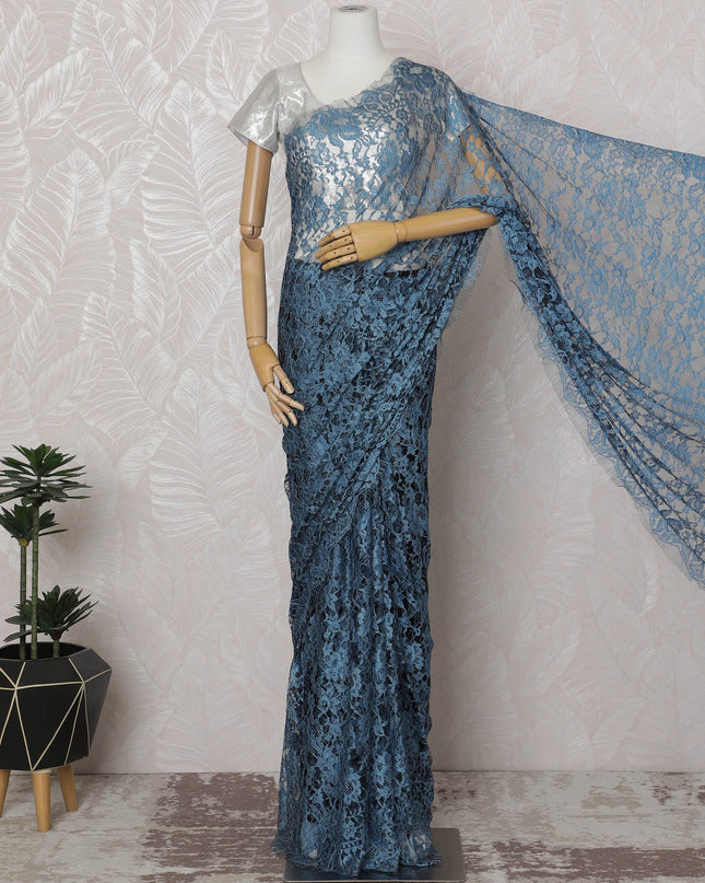 Blue and Black French Two-tone Chantilly Lace Saree - 110 cm Width, 5.5 Meters-D20175