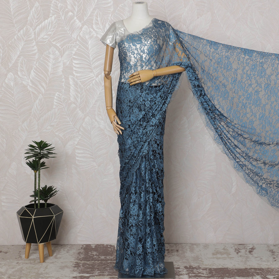Blue and Black French Two-tone Chantilly Lace Saree - 110 cm Width, 5.5 Meters-D20175