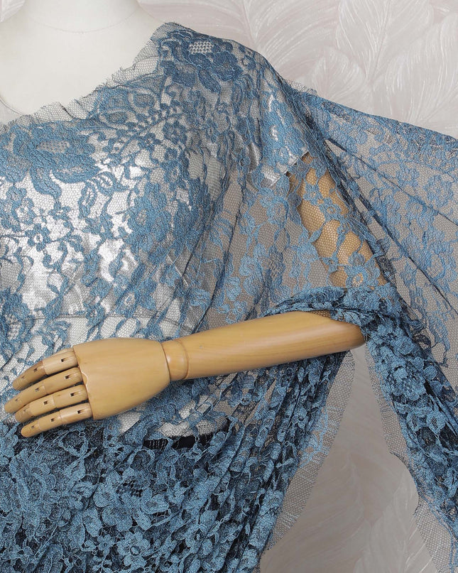 Blue and Black French Two-tone Chantilly Lace Saree - 110 cm Width, 5.5 Meters-D20175