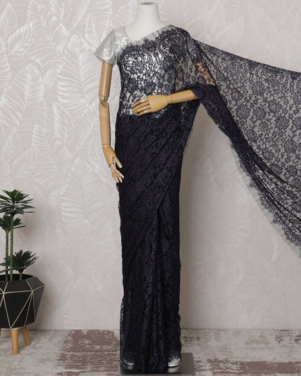 Navy Blue and Black French Two-tone Chantilly Lace Saree - 110 cm Width, 5.5 Meters-D20176